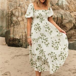 Abercrombie & Fitch | White and Green Smocked Tiered Midi Sundress